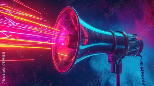 Neon lit megaphone for marketing, SEO, social media, and public relations concept photo