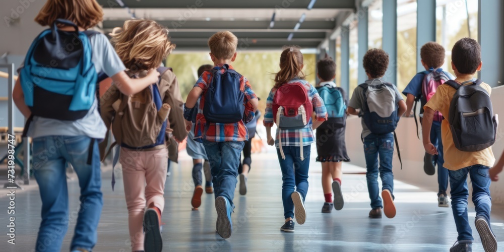 Floor level view of children running in a school hallway. Floor level view of children running in a school hallway.