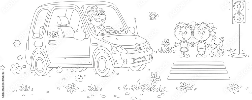 Funny elderly driver in his small car and a little children with a funny cat waiting for green traffic light at a pedestrian crossing of a town street near a park on a sunny summer day