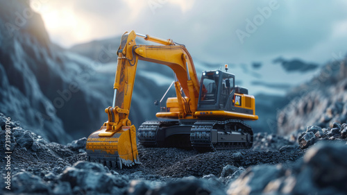 Wide shot excavator parking on top with mining industry background ,generative ai