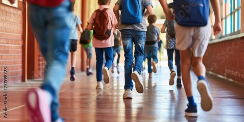 Floor level view of children running in a school hallway.