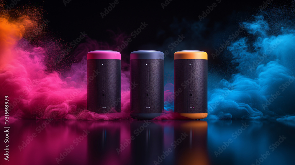 burning power station with smoke, Disco party vibe Colorful speakers in the background creating excitement, Electrifying Night A Black, Pink, Blue, and Yellow Music Party Speakers, Ai generated image burning power station with smoke, Disco party vibe Colorful speakers in the background creating excitement, Electrifying Night A Black, Pink, Blue, and Yellow Music Party Speakers, Ai generated image