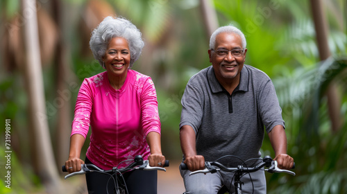 Vibrant Seniors: African American Couple Cycling Together Through a Lush Park © Artbotics