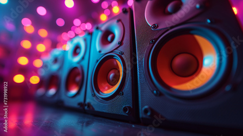 speaker on a blue background, Disco party vibe Colorful speakers in the background creating excitement, Electrifying Night A Black, Pink, Blue, and Yellow Music Party Speakers, Ai generated image