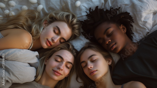 Quad in a polyamory relationship sleeping together. Three women, one man 