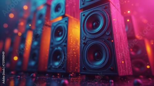 close up of a speaker, Disco party vibe Colorful speakers in the background creating excitement, Electrifying Night A Black, Pink, Blue, and Yellow Music Party Speakers, Ai generated image photo
