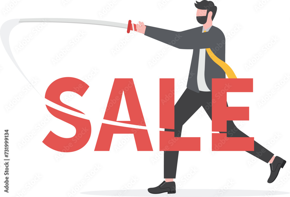 Businessman using sword to slash cut the word sale. financial concept.
Businessman using sword to slash cut the word sale. financial concept.
