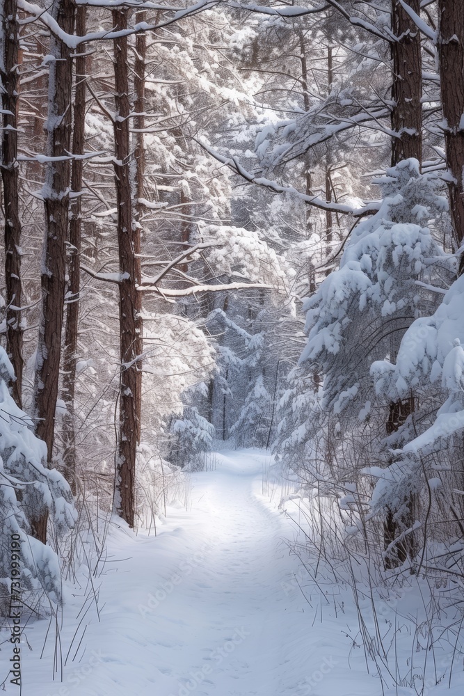 Snow-laden trees form a captivating arch over a secluded forest path in a tranquil winter setting. Snow-laden trees form a captivating arch over a secluded forest path in a tranquil winter setting.