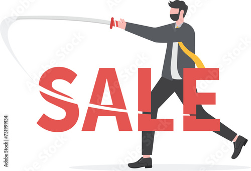 Businessman using sword to slash cut the word sale. financial concept.

