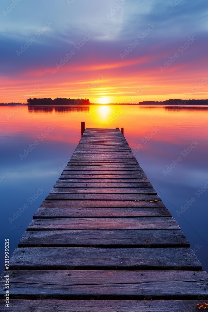 Wooden jetty extends into a calm lake reflecting a vibrant sunset with clouds painted across the sky.