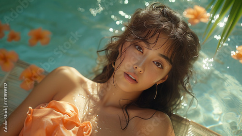 young gorgeous beautiful asian woman, wearning a summer dress, relaxing on a beach chair next to a pool in a luxurious resort,generative ai photo