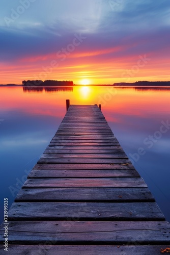 Wooden jetty extends into a calm lake reflecting a vibrant sunset with clouds painted across the sky. © burntime555