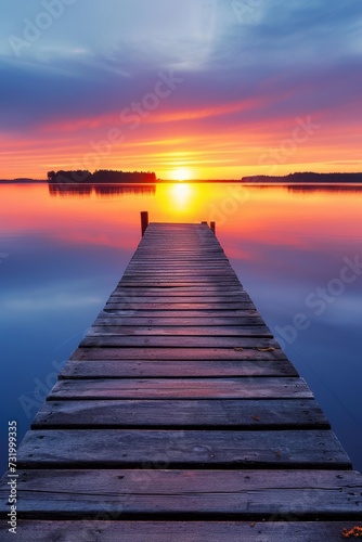 Wooden jetty extends into a calm lake reflecting a vibrant sunset with clouds painted across the sky.