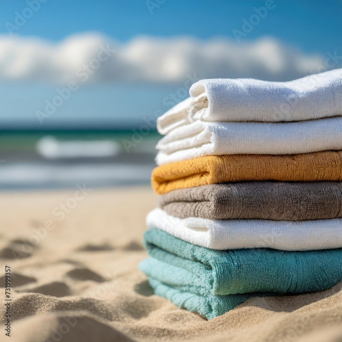 Folded Beach Towels Stacked on a Sandy Ocean Beach