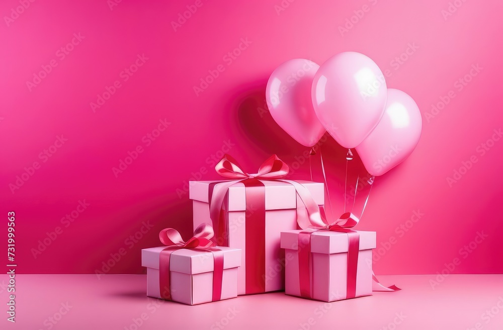 pink gift box with balloons on a pink background, postcard