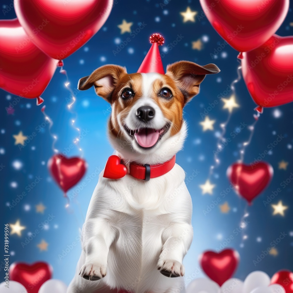Jack Russell and balloons, Valentine's Day, postcard