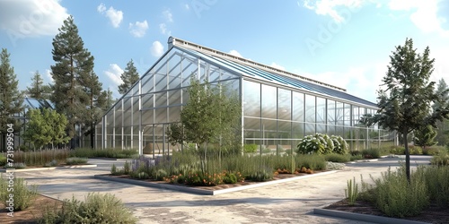 Greenhouse filled with plants growing a garden in a controlled environment