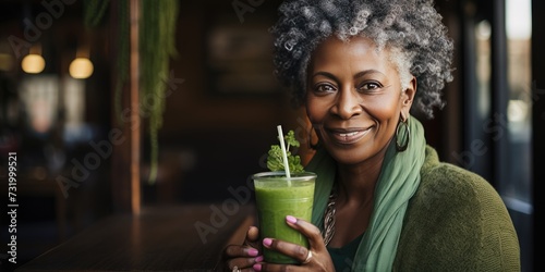 A woman in a cafe drinks a green avocado smoothie  healthy eating theme. Generative AI