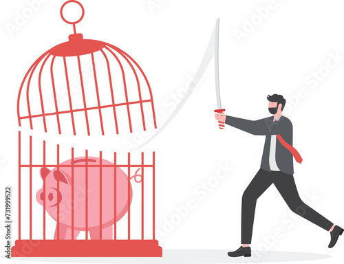 Forbidden and freedom. businessman cut the cage with a sword

