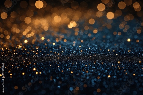 blackground of abstract glitter lights. blue, gold and black. de focused photo