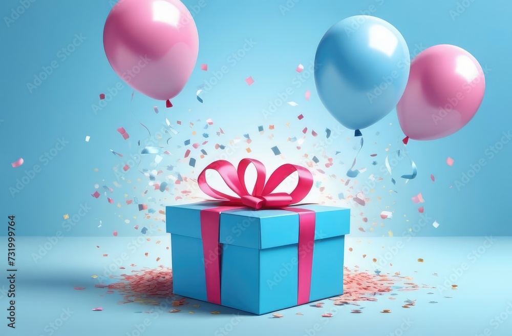 gift box with pink ribbon and balloons on a blue background, postcard gift box with pink ribbon and balloons on a blue background, postcard