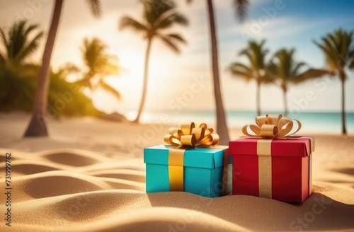 colorful gift boxes on the background of the beach under palm trees, an advertising banner
