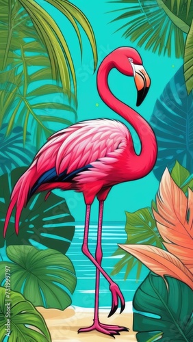 pink flamingo on a background of tropical leaves  background wallpaper  illustration