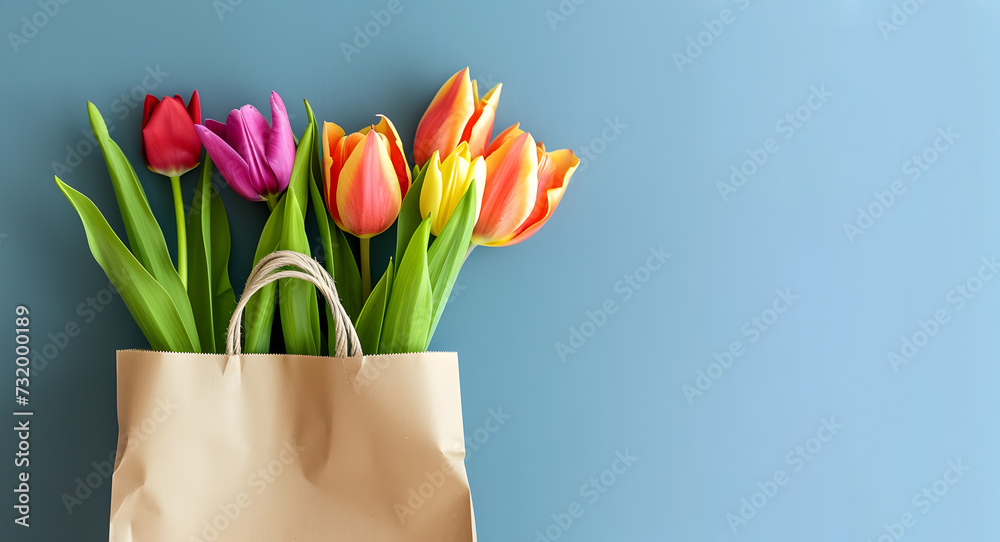 Bouquet of tulips in a gift bag on a blue background. Concept for international women's day, Valentine's day and romantic anniversaries. Copy space. Banner. - obrazy, fototapety, plakaty 