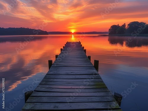 The warm glow of dawn bathes a lakeside jetty, with serene waters and reeds framing the rising sun.