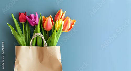 Bouquet of tulips in a gift bag on a blue background. Concept for international women's day, Valentine's day and romantic anniversaries. Copy space. Banner.