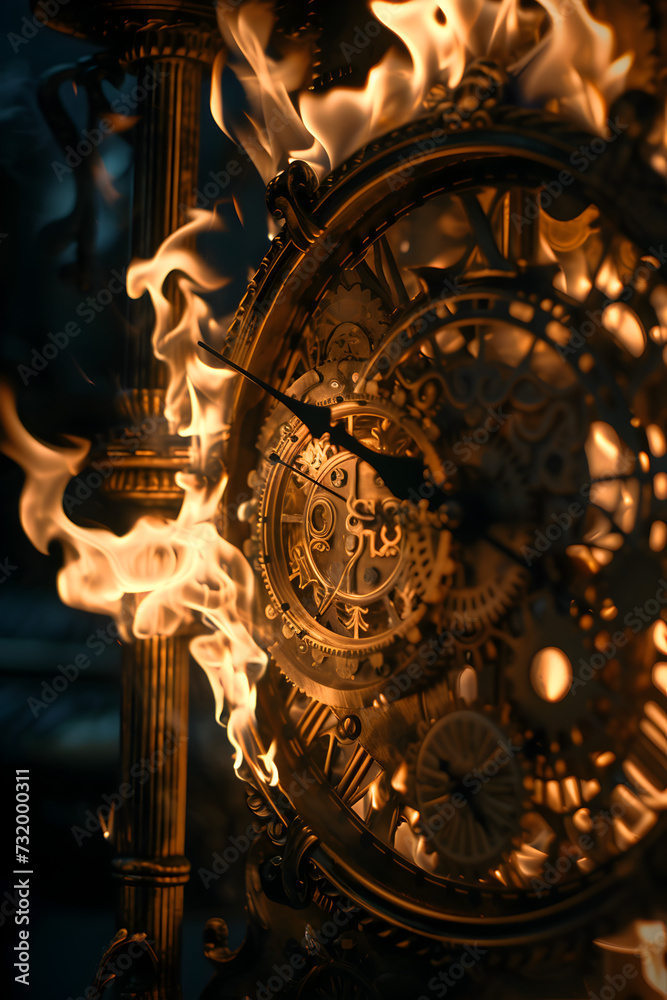 A close-up shot of a vintage clock with flames emerging from its intricate gears, creating a captivating and symbolic image


