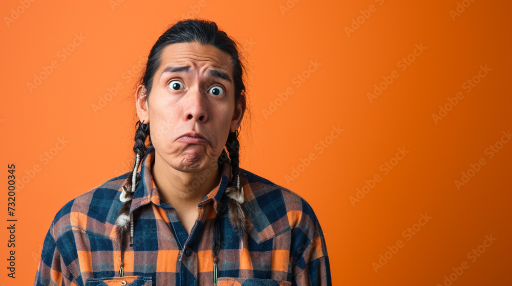 Shadows of Dread: Native American Man Conveying Fear and Anxiety, Isolated Against Solid Background with Copy Space Shadows of Dread: Native American Man Conveying Fear and Anxiety, Isolated Against Solid Background with Copy Space
