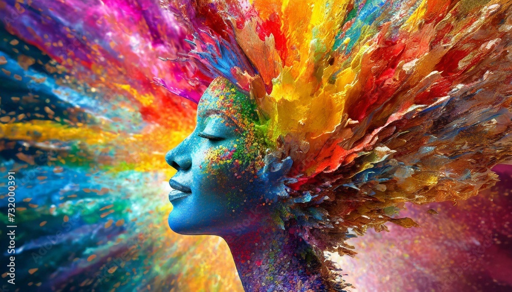 Colorful painted explosion in head. Concept of creative mind and imagination. Silhouette of human hand with colored fragments - obrazy, fototapety, plakaty 
