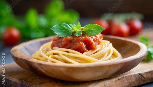 Macro shot of spaghetti in a wooden plate with tomato sauce