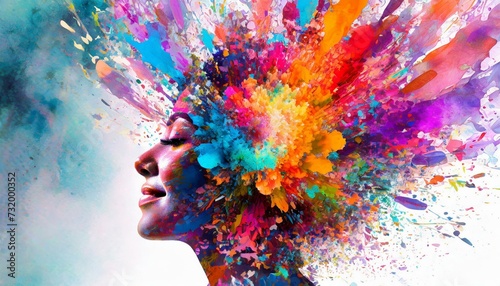 Colorful painted explosion in head. Concept of creative mind and imagination. Silhouette of human hand with colored fragment photo