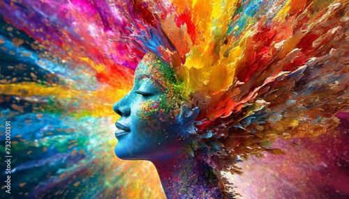 Colorful painted explosion in head. Concept of creative mind and imagination. Silhouette of human hand with colored fragments photo
