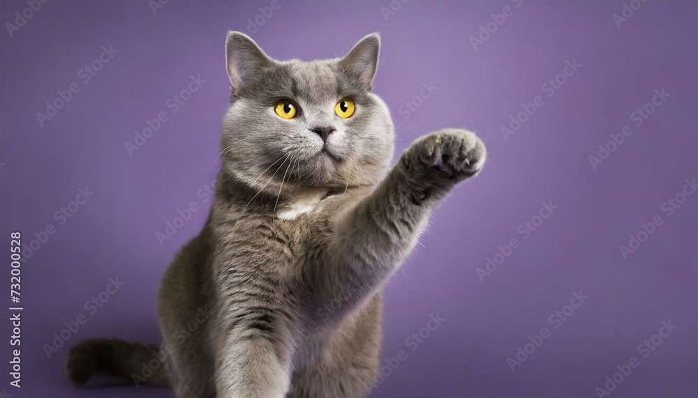 Full length portrait of a gray cat, reaching one paw	
