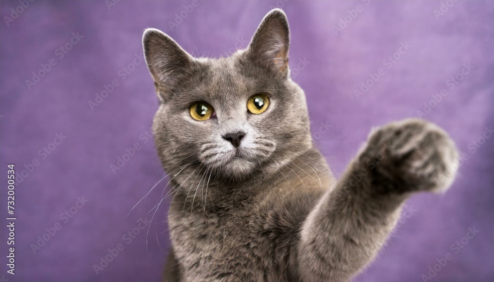 Full length portrait of a gray cat, reaching one paw