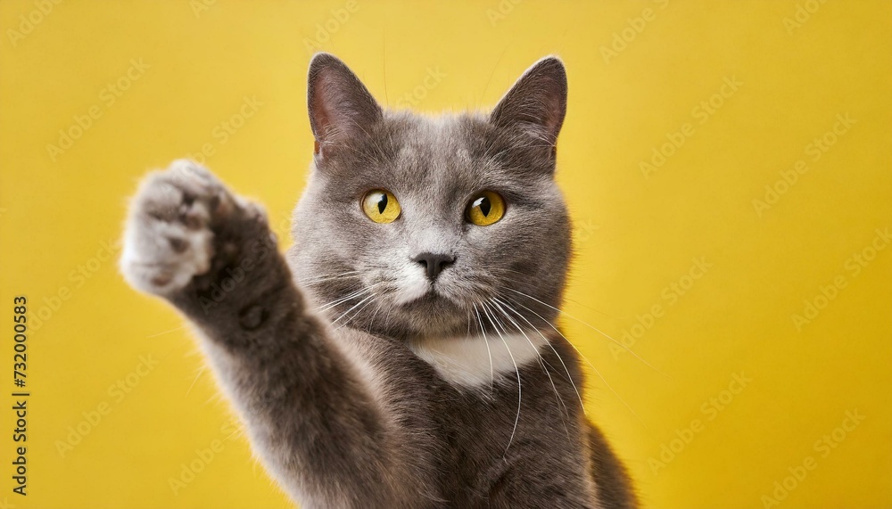 Full length portrait of a gray cat, reaching one paw	
