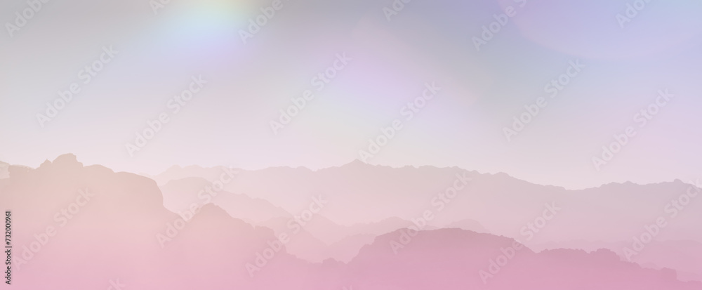 Soft pink and purple hues wash over a layered mountain silhouette under a gentle dreamy sky. Abstract science fiction panoramic background. Futuristic fantasy landscape, sci-fi.