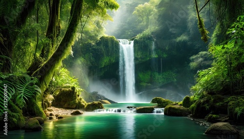 Misty enchanted waterfall in rainforest. Generated with AI