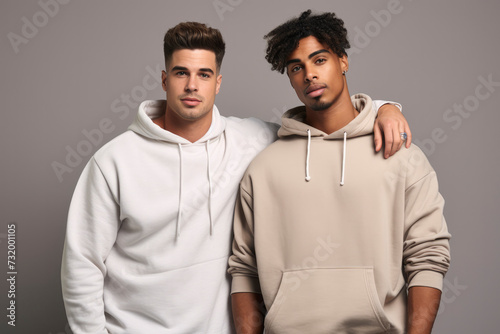 Stylish young guys of different races in hoodies on a beige background. Sports handsome male models, trendy clothes, hipster students. Men multicultural friends