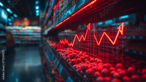 Shopping cart in the market, Red growing up large arrow on abstract blur image of supermarket background. Bar charts and graphs. Rising food prices. Inflation concept, Ai generated image photo