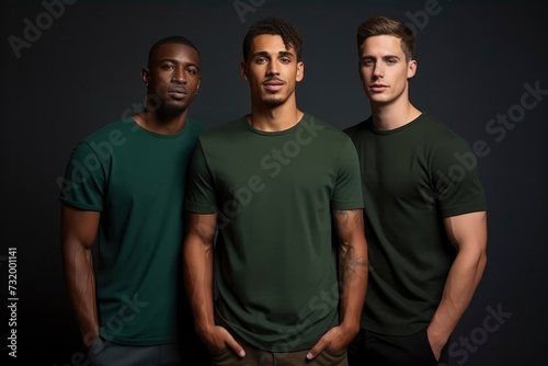 Group of men from different countries and cultures. Stylish handsome young guys on dark green background. Well-groomed male models of different ethnic group, races, multicultural friends photo