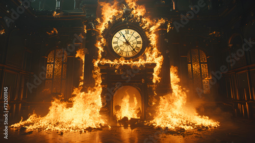 A dark and cinematic photograph of a grand clock set on fire, creating a captivating visual metaphor for the inevitability of time's passage