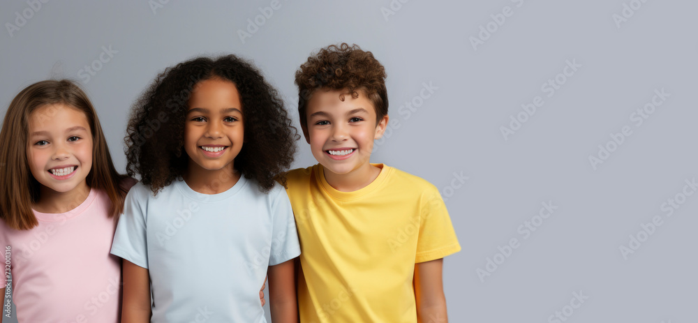 Smiling children of different races in T-shirts on light gray background. Happy joyful preschool children of different ethnic groups, education concept, kindergarten, friendship of peoples Smiling children of different races in T-shirts on light gray background. Happy joyful preschool children of different ethnic groups, education concept, kindergarten, friendship of peoples