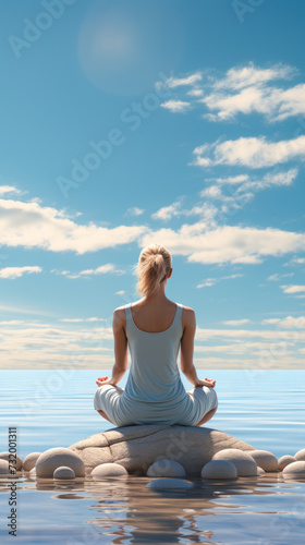Beach Yoga  Zen atmosphere  Balanced composition  Wellness  blue sky  Mindful practice