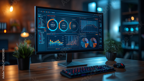 stock market data, The side view of a computer screen displaying multiple financial reports, graphs and pie in corporate office background, Ai generated image photo