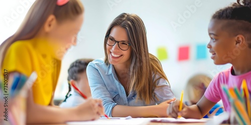 Teacher, children and writing in classroom for learning, education and writing or language development with support. Happy woman teaching, helping and student with knowledge or questions at school