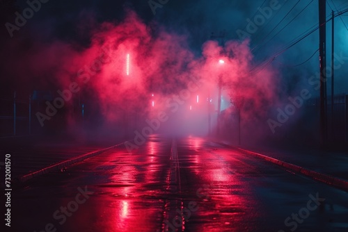 Dark street, night smog and smoke neon light. Dark background of the night city, ray of light in the dark. Gloomy dark background. © abstract Art